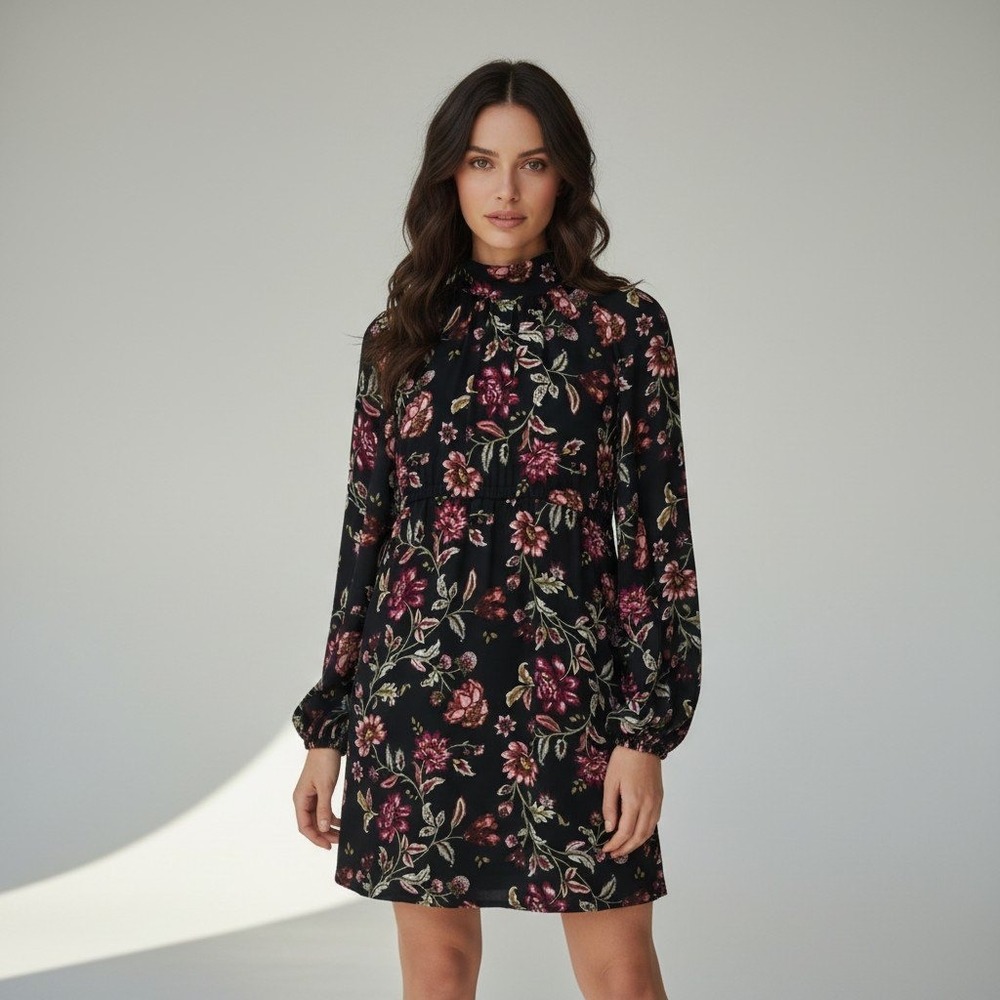A.L.C. Black Floral Silk Mock Neck Mini Dress Long Sleeve Women's Size 4